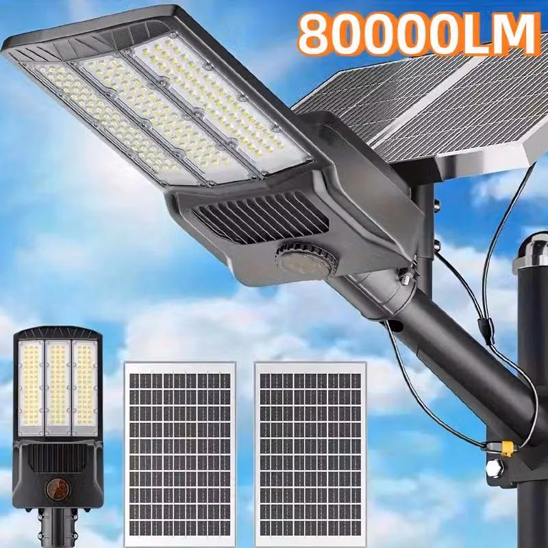Lampada solare - 80000 lumen. Lampione solare - 2 pannelli solari - Sensore di movimento - LED - Dimmerabile - Grado di protezione IP65 - 5 metri