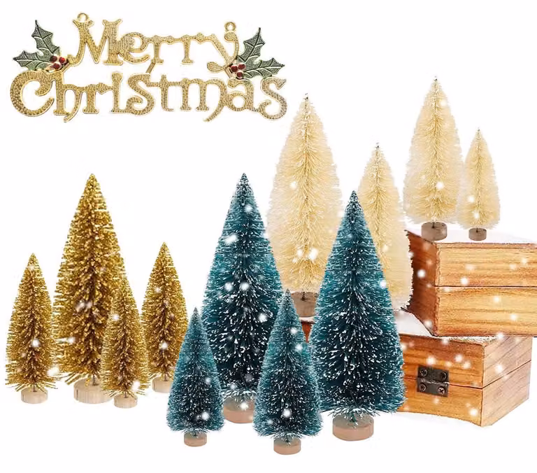 Set di 12 mini alberi di Natale con base in legno, effetto neve, assortiti