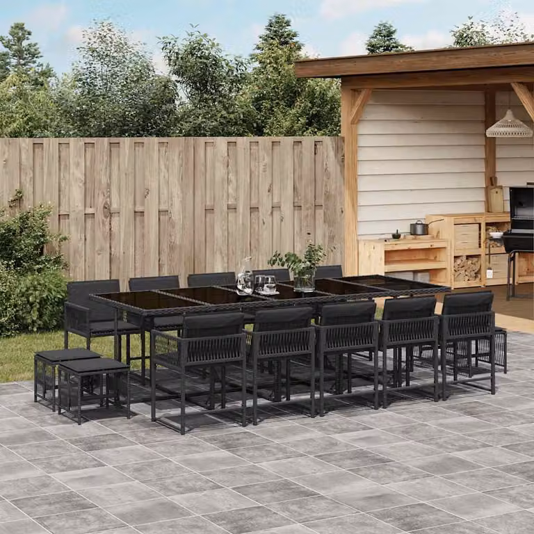 Set da Pranzo da Giardino vidaXL in Polyrattan Nero con Cuscini e Tavolo in Vetro, 15 Pezzi