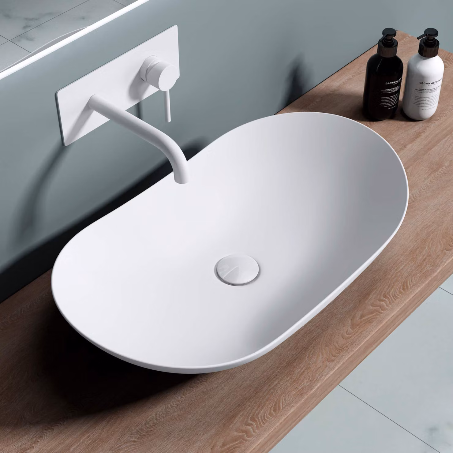 doporro Lavabo da Appoggio Ovale in Vetroceramica Bianco Opaco 63x36,5x14 cm, Lavandino Bagno Moderno Effetto Loto, Senza Foro Rubinetto - Brš¹ssel858