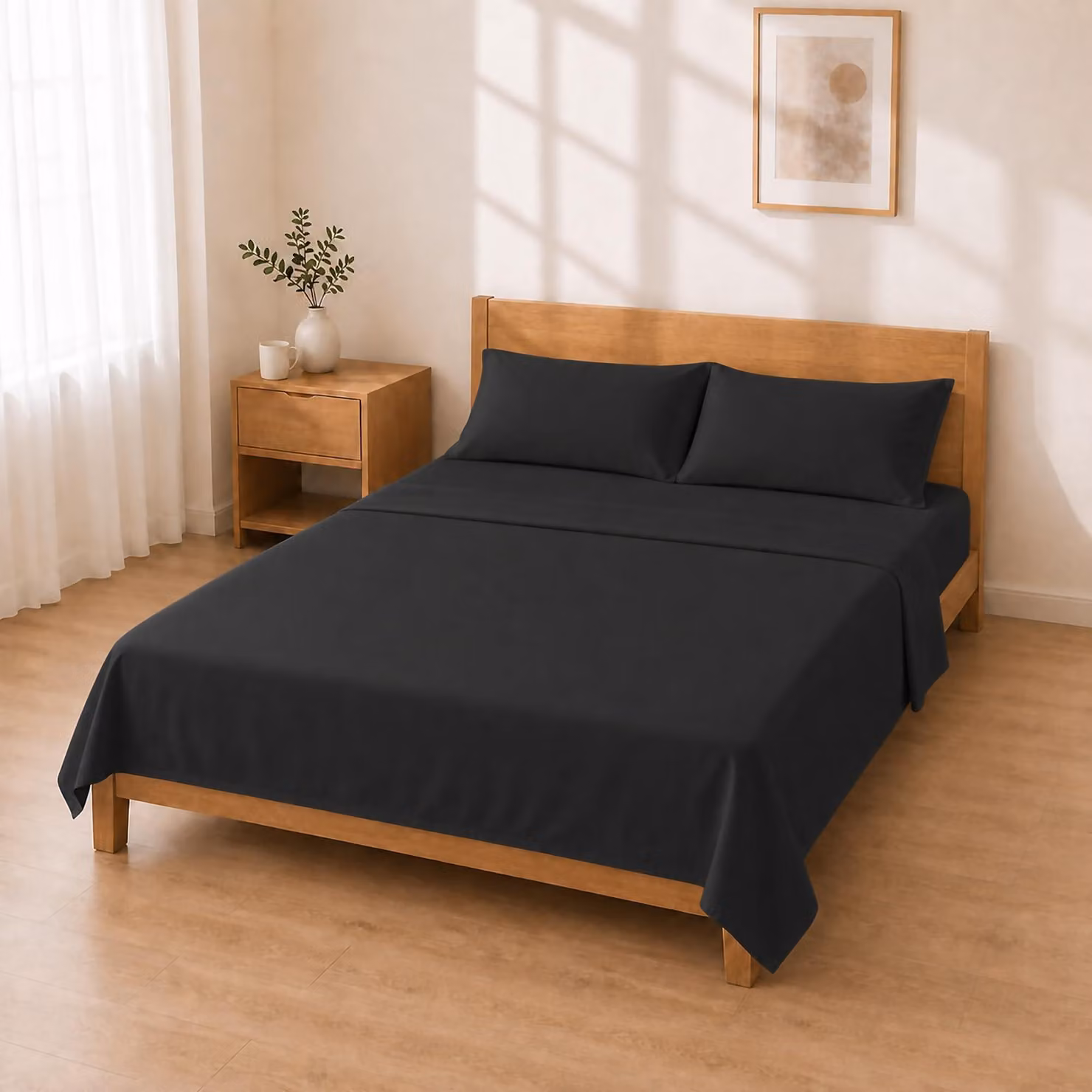 Solidchoice - Set di lenzuola in microfibra, tinta unita, 135x200 cm + 30 cm, lenzuolo copripiumino 220x280 cm + 50 cm, federa 50x80 cm - Nero