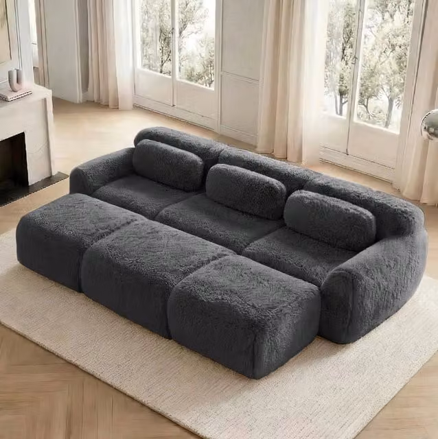 Divano modulare senza struttura in tessuto plush; 291x179x73 cm; grigio