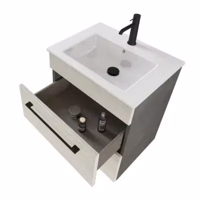 Mobile bagno sospeso Smart INBAGNO bianco e legno lava con lavabo e specchio L: 55 cm, P: 43 cm, H: 62 cm – 2