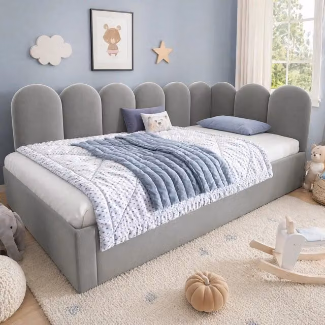 Letto da giorno imbottito con letto estraibile 90x200 cm in velluto grigio