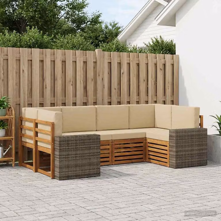 Set di divani da esterno a L vidaXL in legno di acacia con cuscini beige e marrone