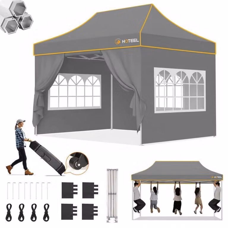 Gazebo da esterno 3x4,5 metri, grigio, impermeabile, con struttura esagonale stabile e 4 pannelli laterali