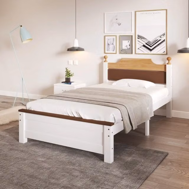 Letto singolo OKWISH in pino e MDF con testiera e doghe in legno, bianco e marrone, L/P/H: 90 x 200 x 210 cm