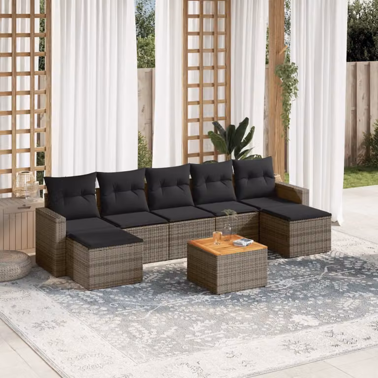 Set Divano da Giardino vidaXL 8 pz in Polyrattan Grigio con Cuscini e Tavolino