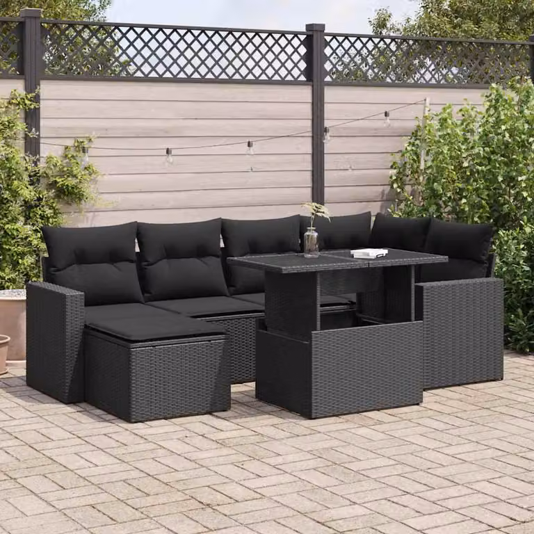 Set Divani da Giardino a Forma di L vidaXL con 7 Pezzi, Polyrattan Nero e Cuscini Imbottiti