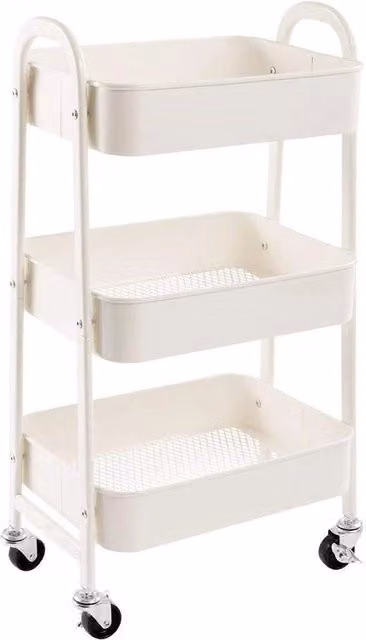 Carrello di Stoccaggio in Metallo a 3 Livelli con Ruote e Blocco, Organizzatore Bianco L: 70 cm, P: 40 cm, H: 30 cm