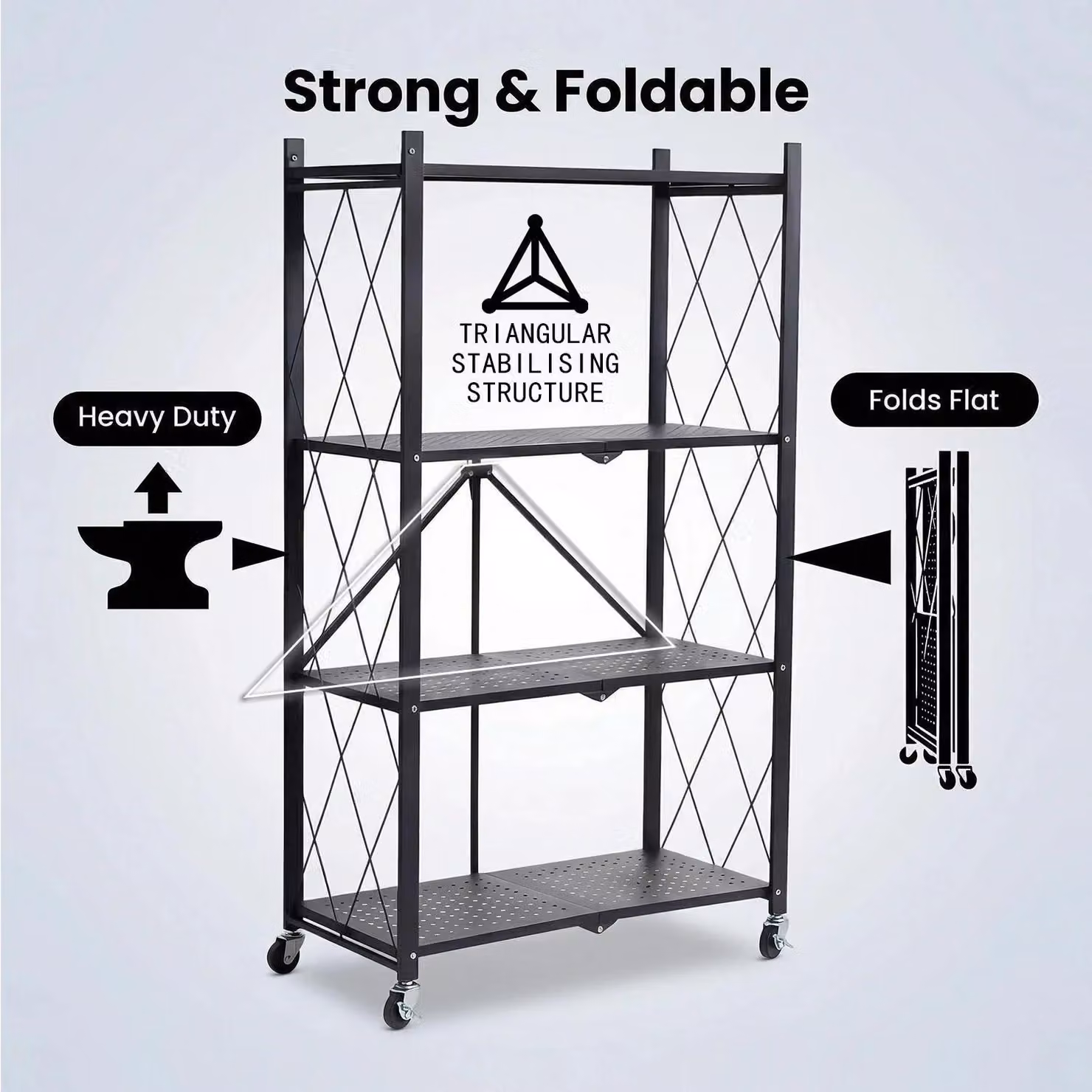 Sistema scaffalatura pieghevole - Scaffale in metallo a 4 ripiani - Acciaio inossidabile - Capacità di carico 35 kg - Dimensione L - Adatto per cucina, soggiorno, ufficio