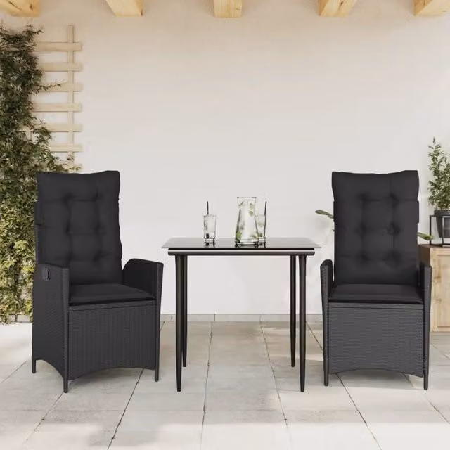 Set da Pranzo da Giardino 3 pz con Cuscini Nero in Polyrattan 3213174