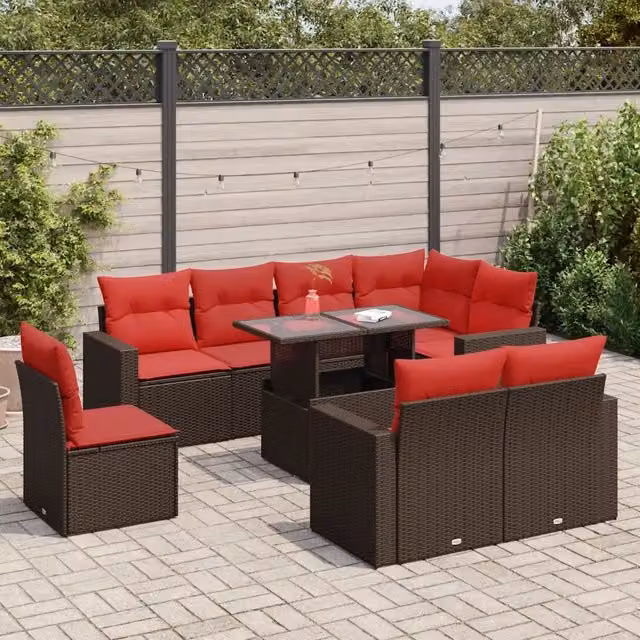 Set Divani Giardino 9 pz con Cuscini Marrone Polyrattan Acacia 3326345