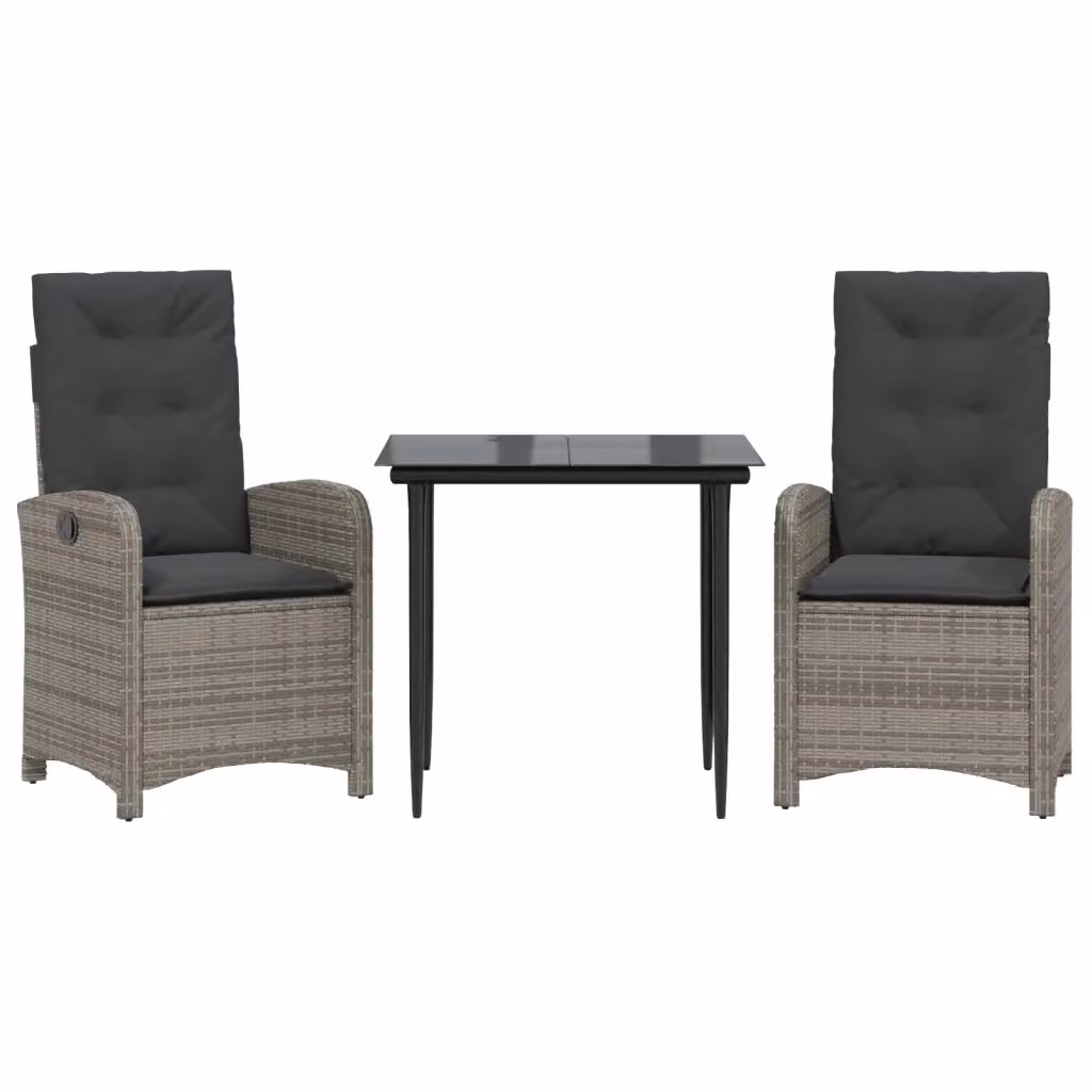 Set da Pranzo da Giardino 3 pz vidaXL in Polyrattan Grigio e Nero con Piano in Vetro – 2