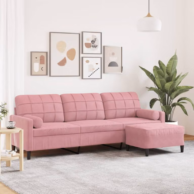 vidaXL Divano a 3 Posti in Velluto Rosa con Poggiapiedi Coordinato, Design Moderno e Struttura in Metallo e Legno