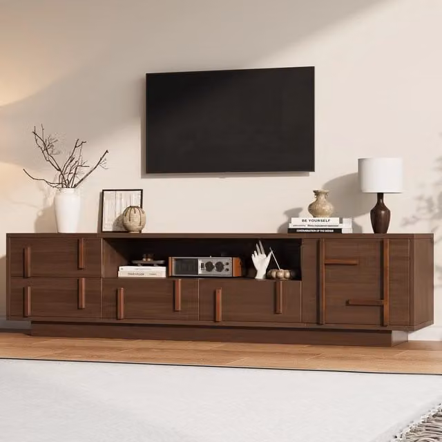 Mobile TV da terra 180x40x45 cm in MDF color noce con 4 cassetti e vani portaoggetti