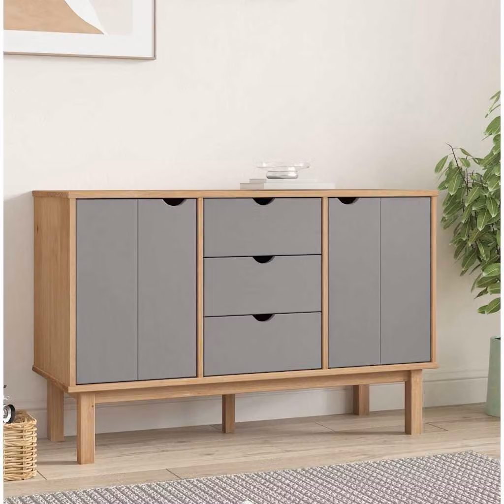 Credenza scandinava vidaXL OTTA in legno di pino cerato, Marrone e Grigio, L: 113,5 cm, P: 43 cm, H: 73 cm