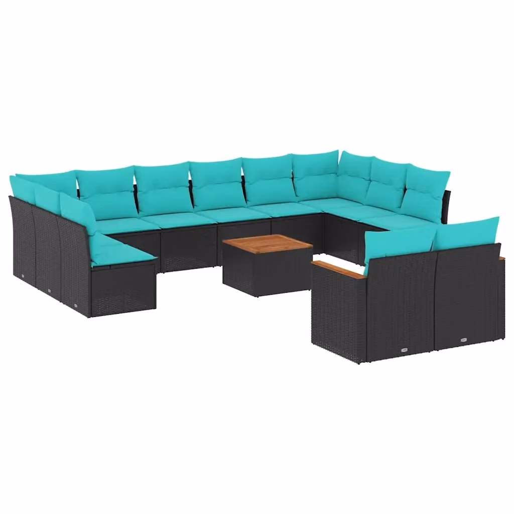 Set di Divani da Giardino a Forma di U vidaXL con Cuscini e Tavolino da Esterno in Polyrattan e Legno di Acacia, Colore Nero, Blu e Turchese – 2