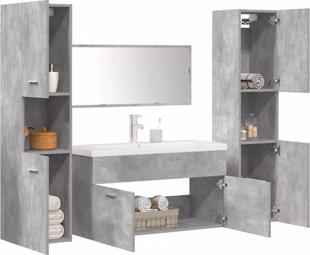 Set Mobili da Bagno 5 pz Grigio Cemento in Legno Multistrato 3324906