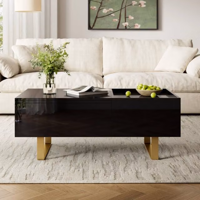 Tavolino basso sollevabile OKWISH con cassetto e vano nascosto, finitura lucida nera e oro, design moderno per soggiorno in MDF e metallo – 1