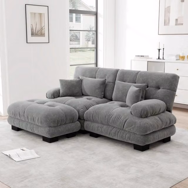 Divano modulare 220.0x145.0x81.0 cm con ottomane mobili in ciniglia grigio