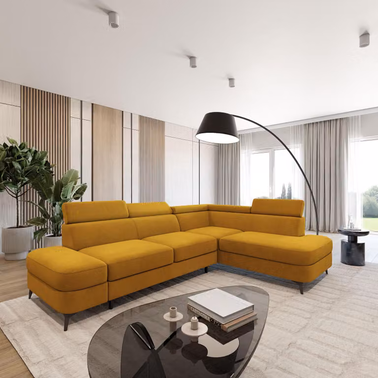 Divano ad angolo Masseno AVISE MV R-S con funzione letto a L, divano con contenitore, divano da salotto, divano, divano letto, set divani - Giallo, MATT VELVET 48