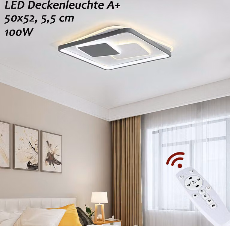 Nuovo Euroton 9643-FX 50x52 cm, H 5,5 cm Plafoniera LED 100W con telecomando Plafoniera LED regolabile in colore/luminosità