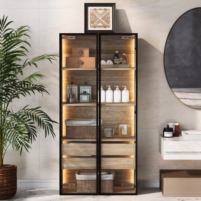 Armadio da bagno REDOM in MDF naturale con ante in vetro satinato e illuminazione LED, Larghezza: 73 cm