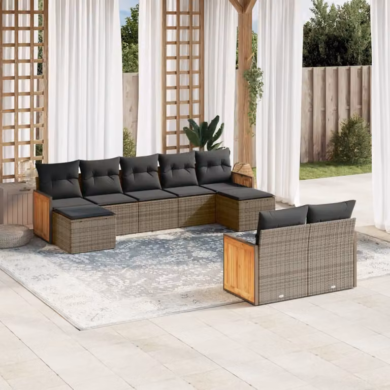 vidaXL Set Divano da Giardino 9 pz a forma di U in Polyrattan Grigio con Cuscini Imbottiti e Coperture Rimosse