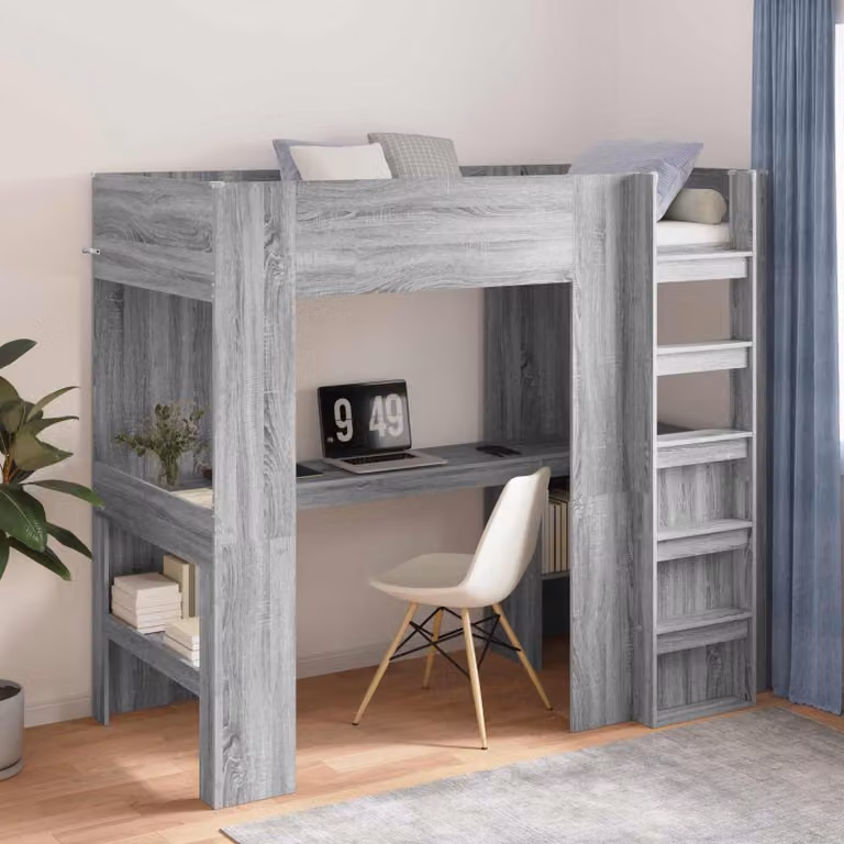 vidaXL Struttura letto a castello con scrivania e scompartimenti laterali Grigio, L/P/H: 200 x 90 x 175 cm