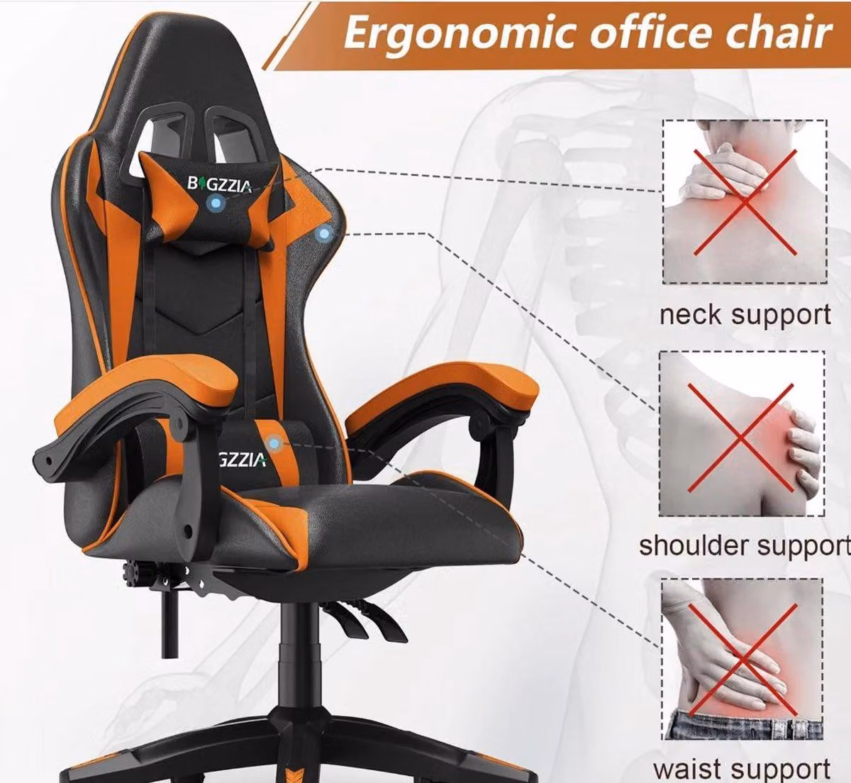 Sedia da gaming - Sedia ergonomica per computer, nera e arancione, con supporto lombare e poggiapiedi