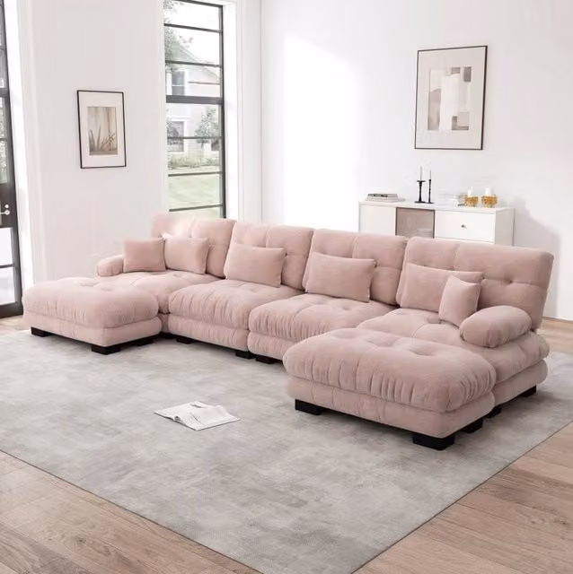 Divano modulare a U 406x145x81 cm chenille rosa, con ottomana mobile, per salotti grandi –
