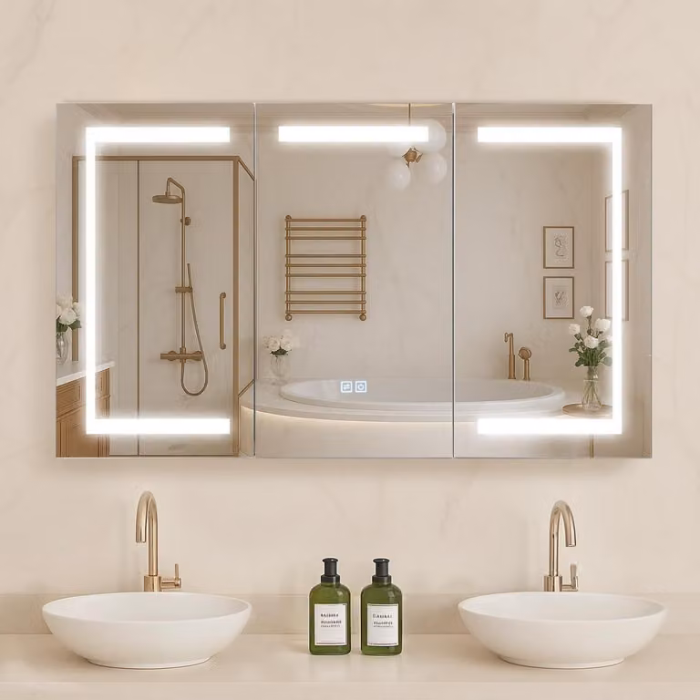 Specchio da bagno con illuminazione a LED, dimensioni 100 x 60 cm, con luce regolabile a 3 colori, vetro temperato, presa di corrente e porta USB