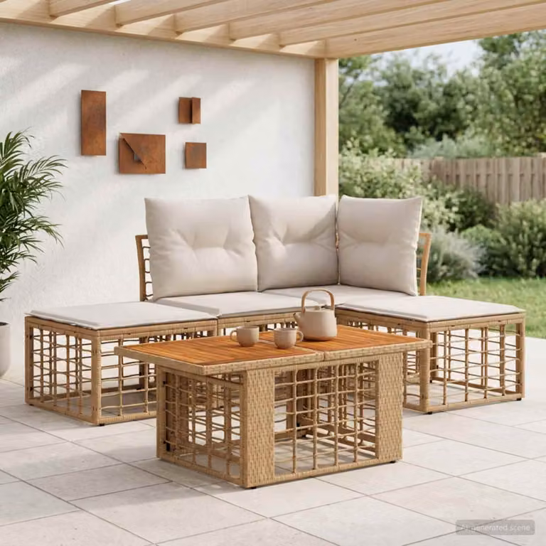 Set Divano da Giardino vidaXL 5 Pezzi in Polyrattan con Cuscini e Tavolino, Colore Naturale e Bianco Crema