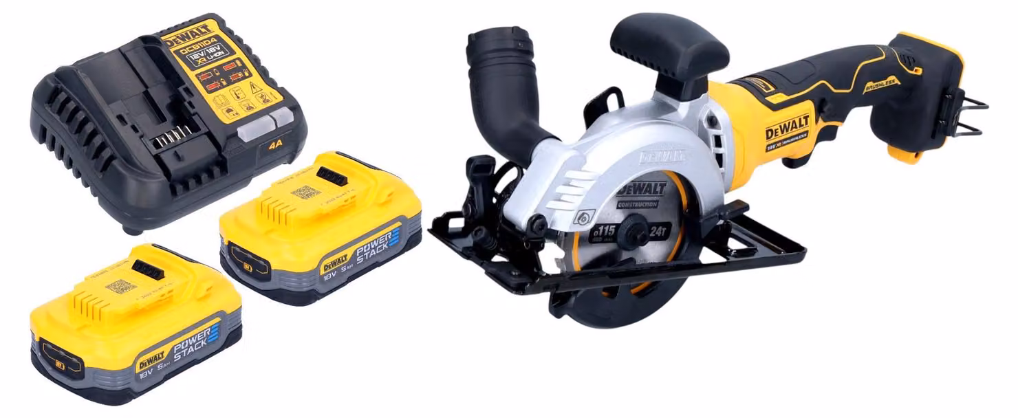Sega circolare a batteria DeWalt DCS 571 H2 18 V 115 mm senza spazzole + 2x batteria Powerstack 5,0 Ah + caricabatterie