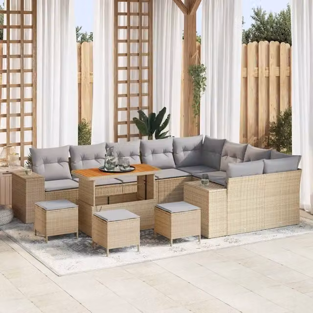 Set Divano da Giardino Moderno vidaXL a Forma a U con Cuscini, Tavolino e Pouf in Metallo e Tessuto, Grigio e Beige – 1