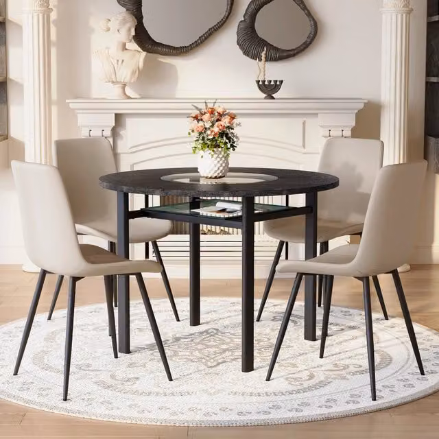 Set tavolo rotondo 100 cm nero effetto legno e 4 sedie grigio caldo in PU con cuscino seduta ampio, per soggiorno
