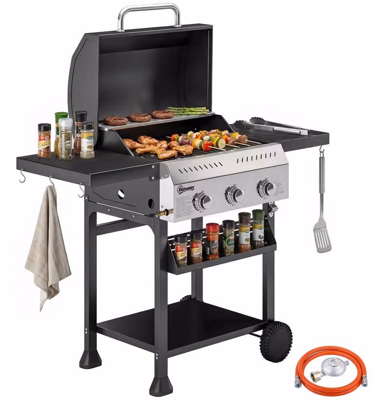 Barbecue a gas da 9 kW con 3 bruciatori, carrello in acciaio inossidabile, con tavolino laterale ribaltabile, portaspezie, ripiano inferiore e 6 ganci