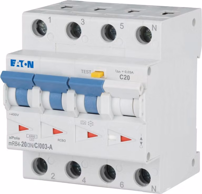 Interruttore combinato Eaton FI/LS 20 mA 30 mA 3N poli Eaton mRB4-20/3N/C/003-A, 1 pz.