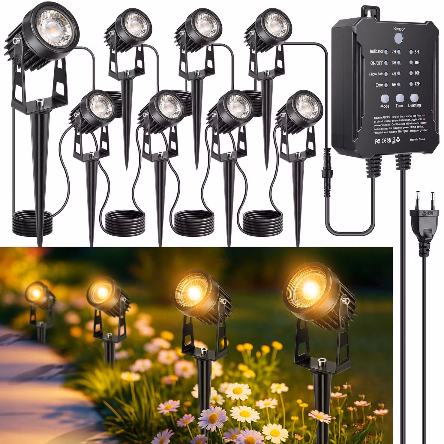 Fari da giardino a LED, set da 8, 3W, luce bianco caldo 3000K, grado di protezione IP65, con sensore di luminosità