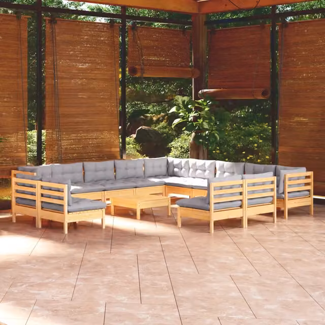 Set di divani da giardino a forma di U vidaXL in legno massello di pino con 14 pezzi e cuscini grigi