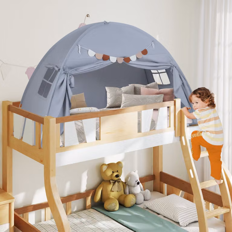 Tenda gioco castello per letto matrimoniale Costway con 2 finestre a bandiera, modello pieghevole per la privacy dei bambini dai 3 anni in su, Grigio