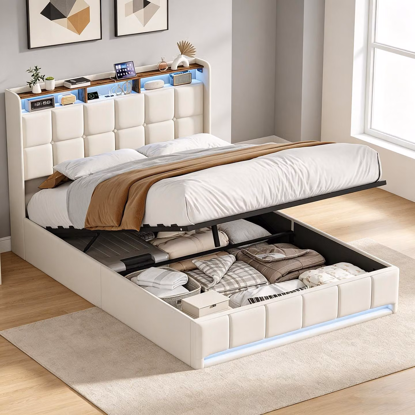 Letto matrimoniale con boxspring 140x190, dotato di luci LED e porte USB/C, con struttura imbottita, spazio contenitore idraulico e rete a doghe. Colore: beige