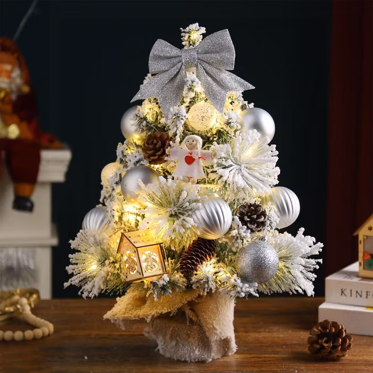 Albero di Natale artificiale da tavolo con decorazioni LED, colore argento, altezza 45 cm