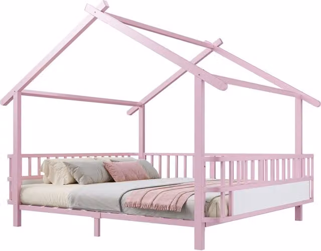 Letto per bambini a casetta 140x200 cm in metallo rosa con sponde di sicurezza