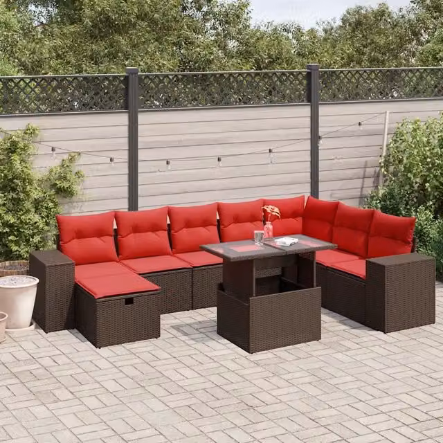 Set Divani da Giardino 9 pz con Cuscini Marrone in Polyrattan 3275354