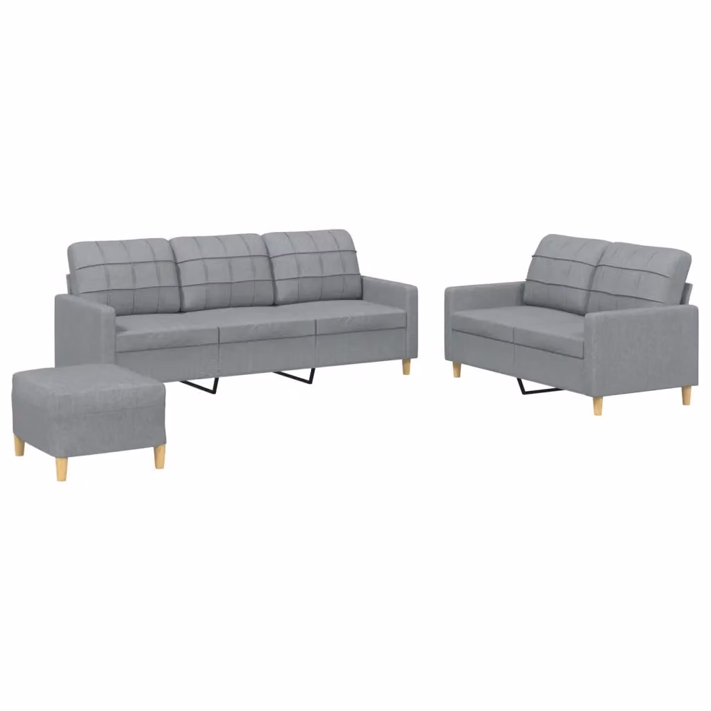 Set di divani moderno vidaXL composto da un divano a 3 posti, un divano a 2 posti e un pouf, in tessuto grigio con cuscini inclusi – 2