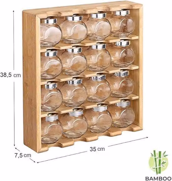 Famanu: Scaffale a 4 livelli in bambù con 16 contenitori di vetro – Organizzatore da cucina per parete o piano di lavoro
