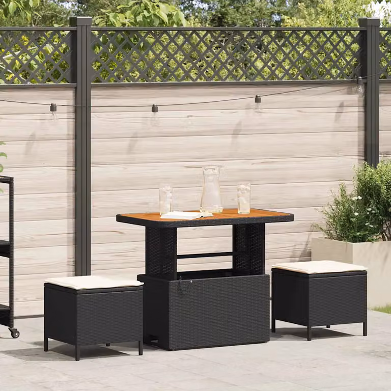 Set da pranzo per giardino e terrazzo vidaXL in polyrattan e legno di acacia, 3 pezzi, nero e beige
