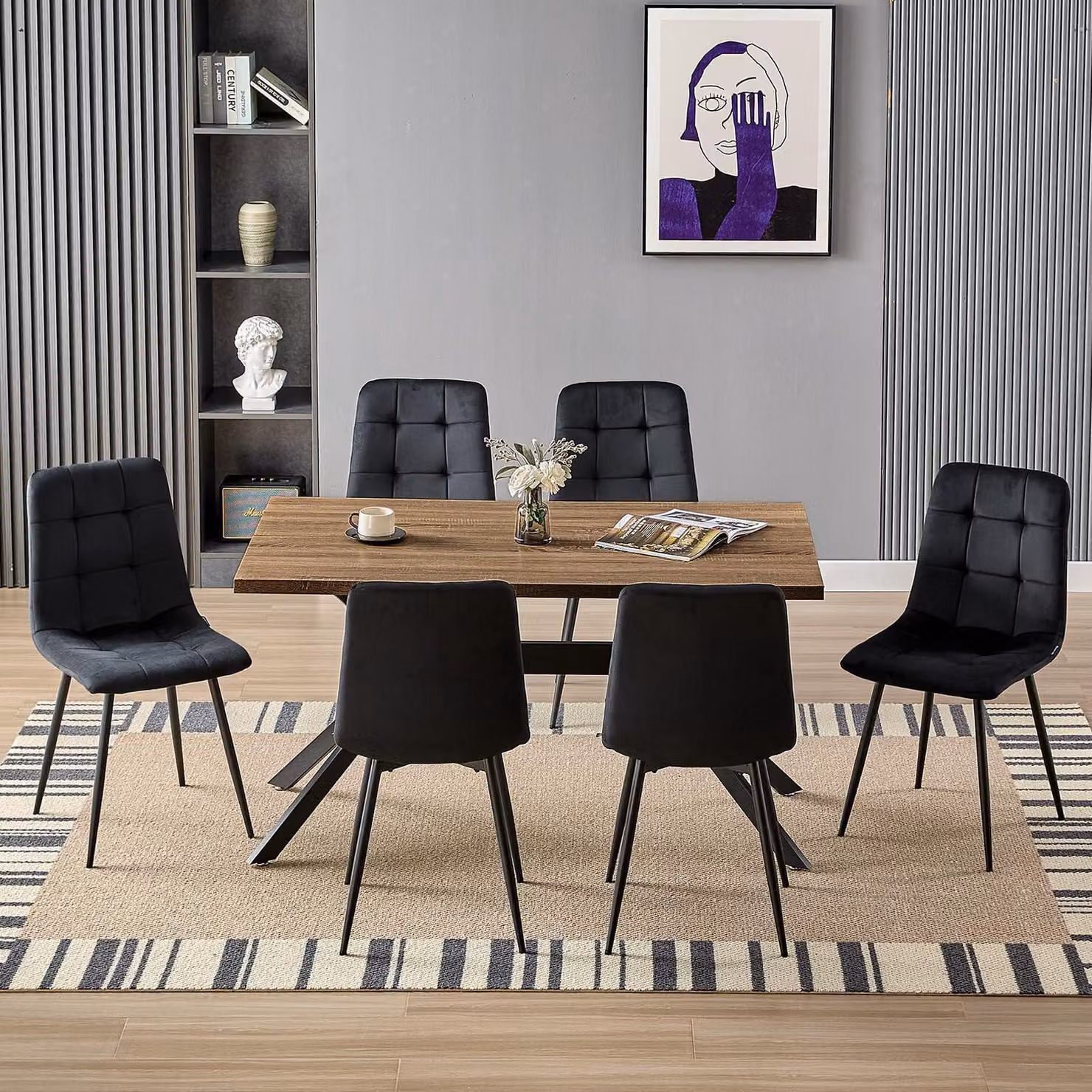 Tavolo da pranzo rettangolare con 6 sedie, in legno scuro, dimensioni 140x80x76 cm, completo di 6 sedie nere in velluto con gambe in metallo